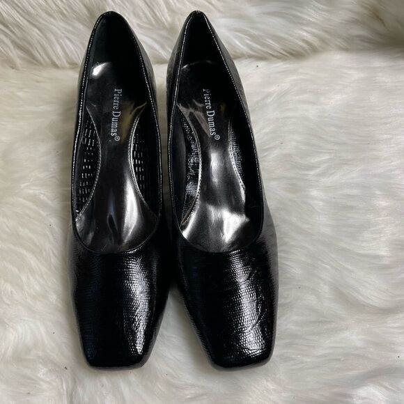 Pierre Dumas black reptile prints slip on 2” heels with gold tone accent SZ12M - Picture 1 of 10